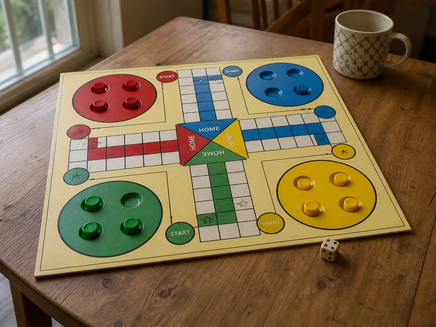 Two-player Ludo board showing the bases, shared track, and home stretches