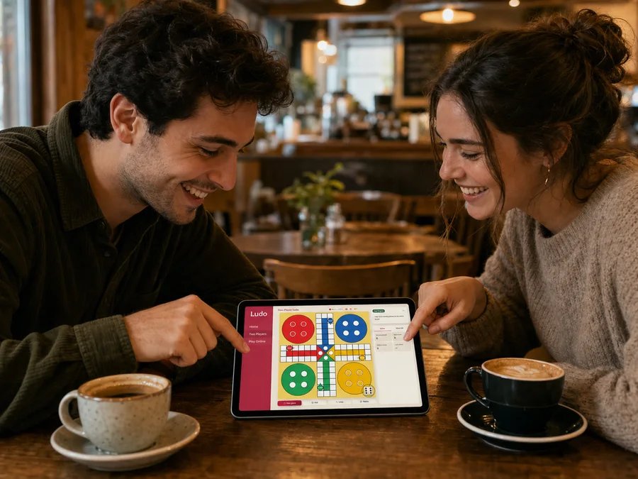 Two people playing Ludo together on one tablet
